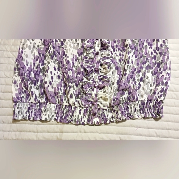 Apt. 9 Womens Sz Large Purple/Gray/White Sheer S/S Ruffle Cinch Waist Blouse Top - Picture 7 of 12